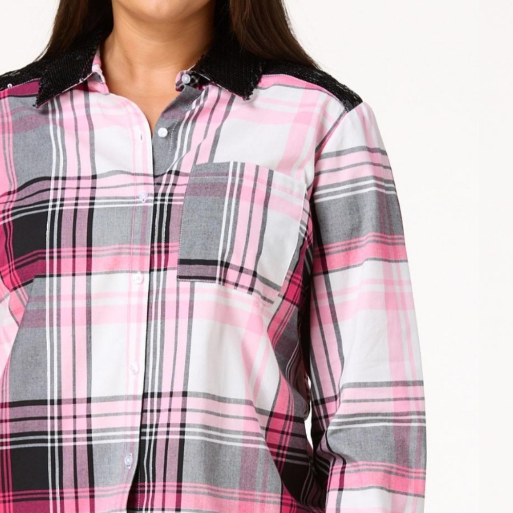 Women's Plaid sequins trim shirt